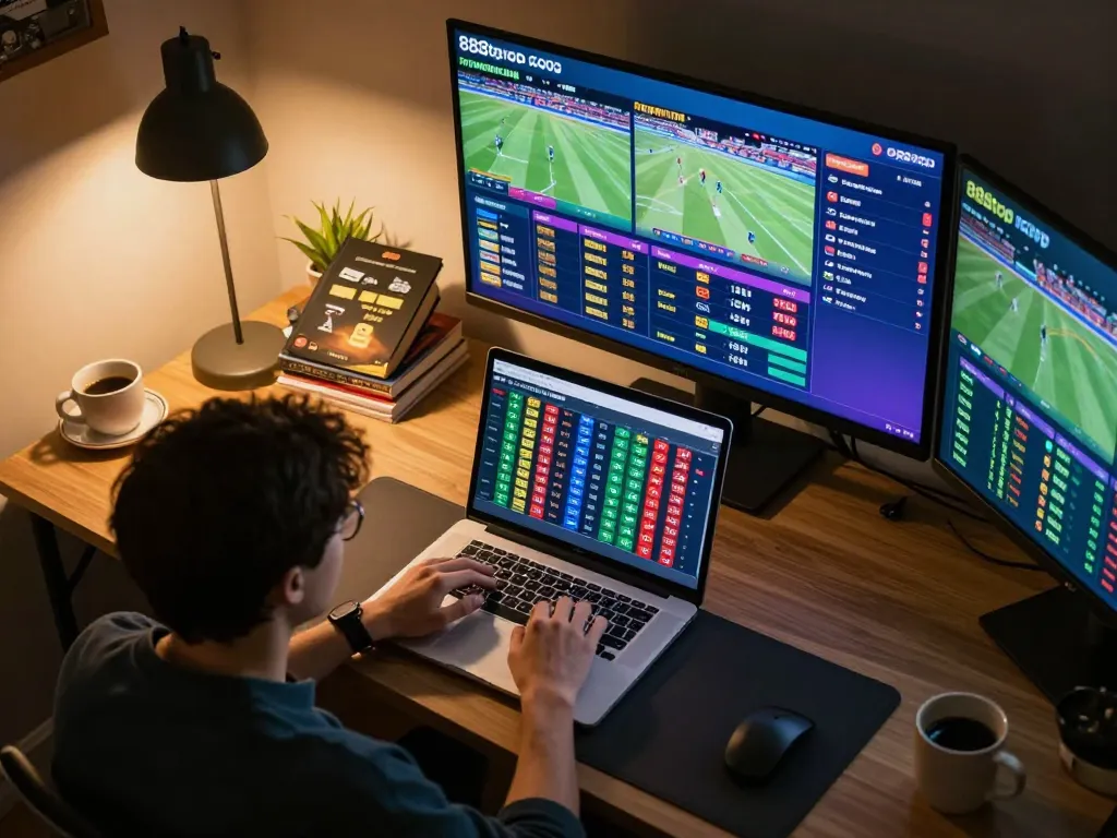 Place bets and analyze odds on 888top, an immersive sports betting experience in modern home setup.