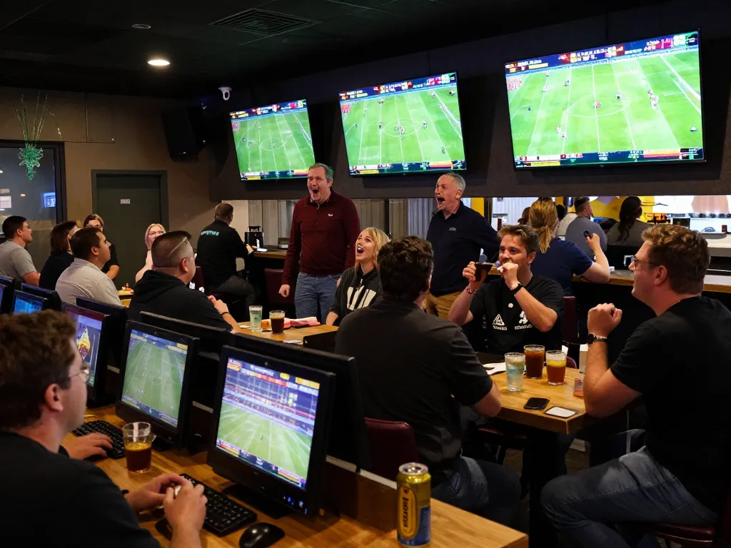 Engaging scene of sports betting with real-time scores and enthusiastic patrons viewing ผลบอลสด.