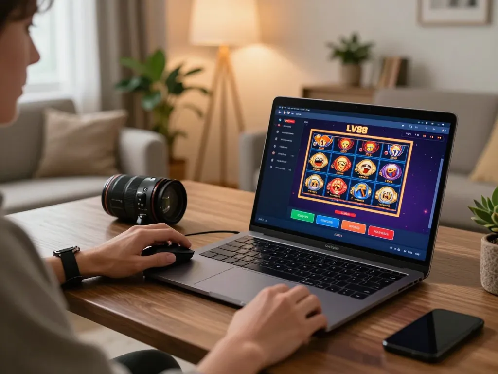 Person playing LV88 online casino on laptop, engaging in strategic gaming with vibrant interface