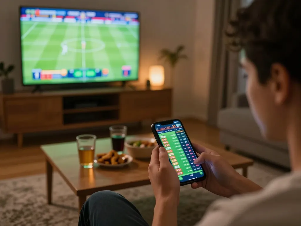 Bong88 sports betting experience at home, person engaging in live betting on a smartphone with match details displayed