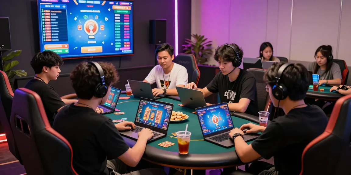 Exciting game bài đổi thưởng scene with players enjoying digital card games in a vibrant environment