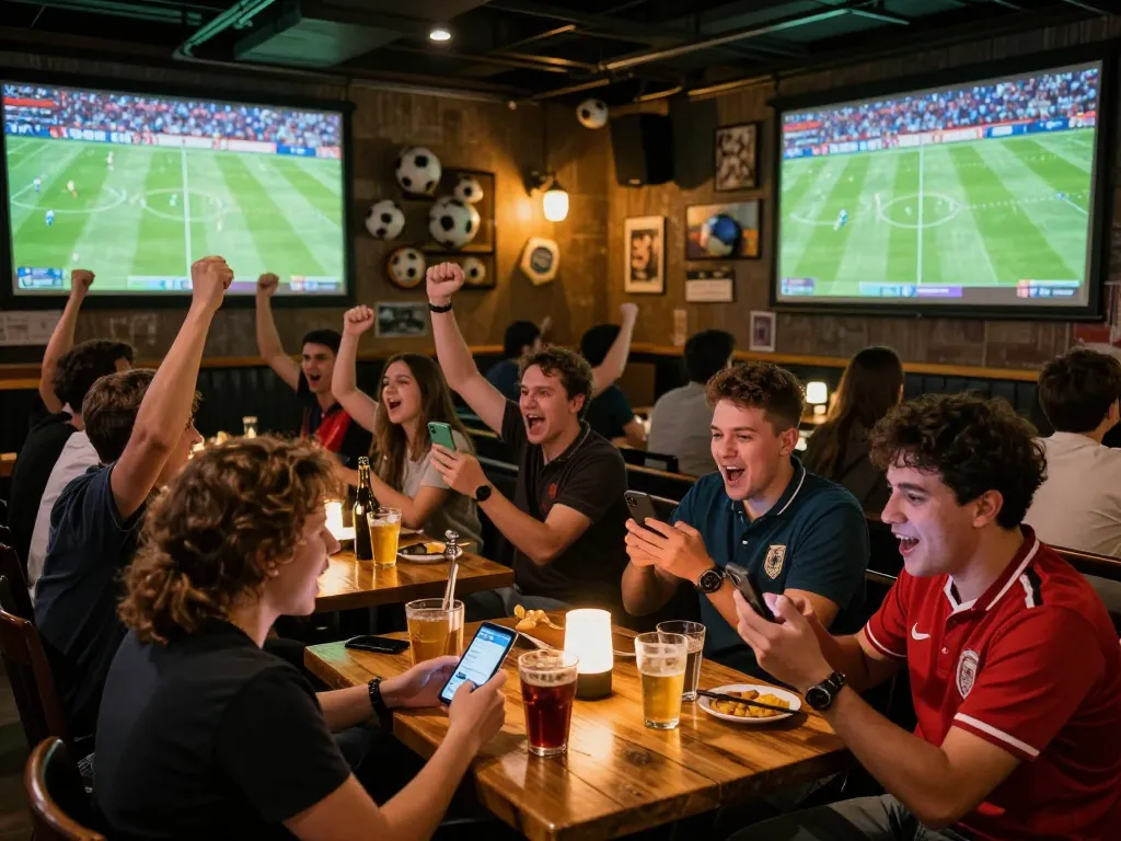 Football fans celebrating and betting during a live match at a sports bar