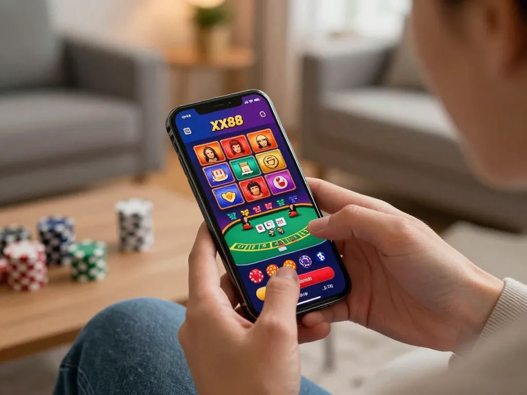 Player enjoying the live dealer game on the XX88 app at home, showcasing modern online gambling.