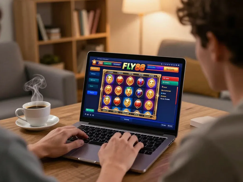 Player engaging in thrilling online gaming at FLY88, with vibrant slot graphics on screen and cozy home setting.