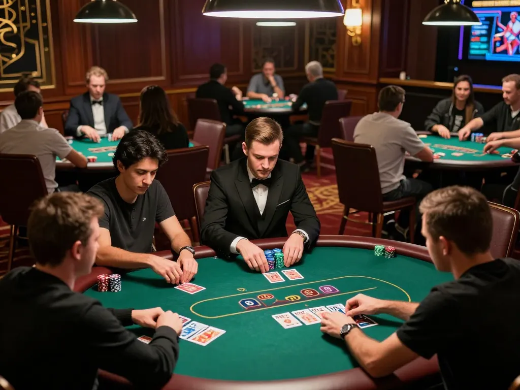 Players engaging in a strategic poker game at a casino, illustrating a thrilling moment with 90P chips stacked on the table.