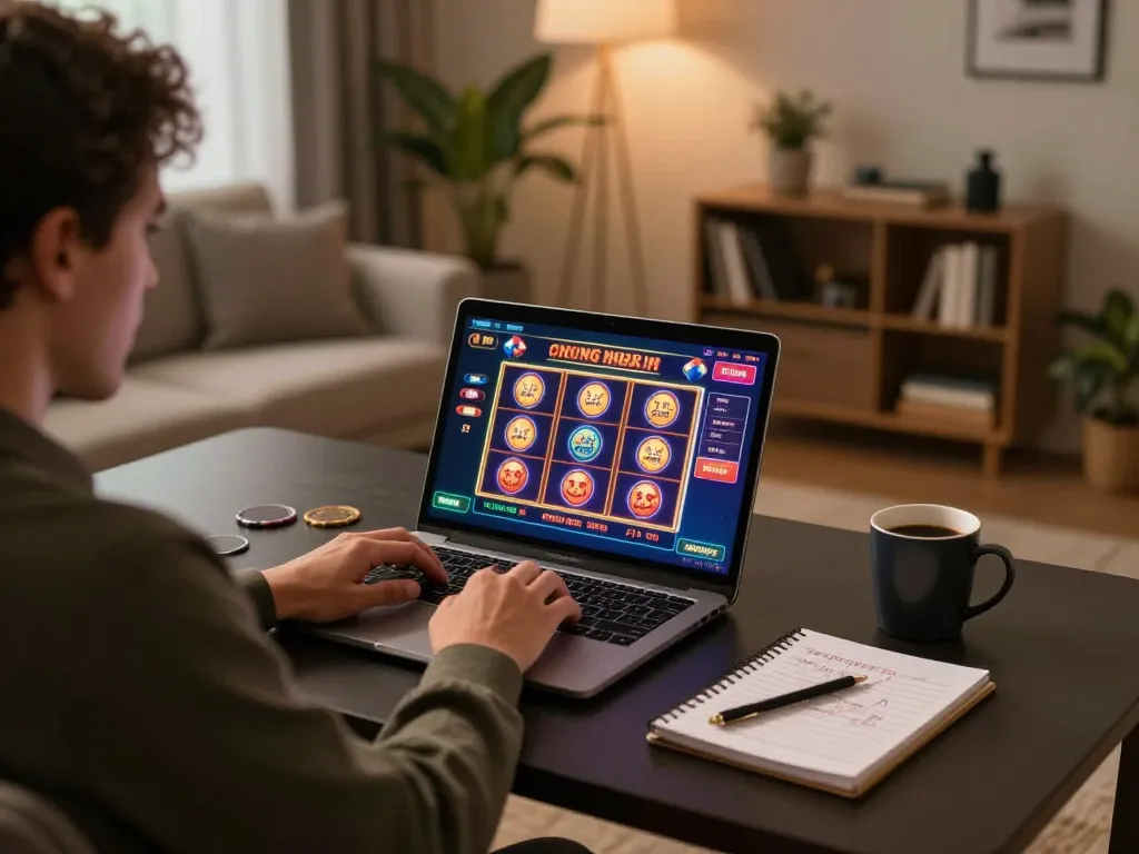 Engaging online gameplay on 58win laptop showing vibrant slots interface and betting strategy notes.