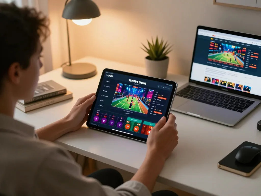 Engaging gameplay on MM88 casino app displayed on tablet while strategizing in a cozy home office setting