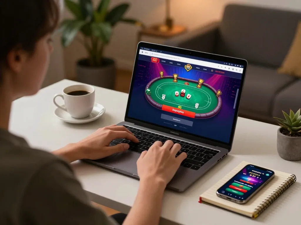 Berinteraksi dengan login Sepuhplay di laptop dalam pengaturan permainan rumah yang nyaman