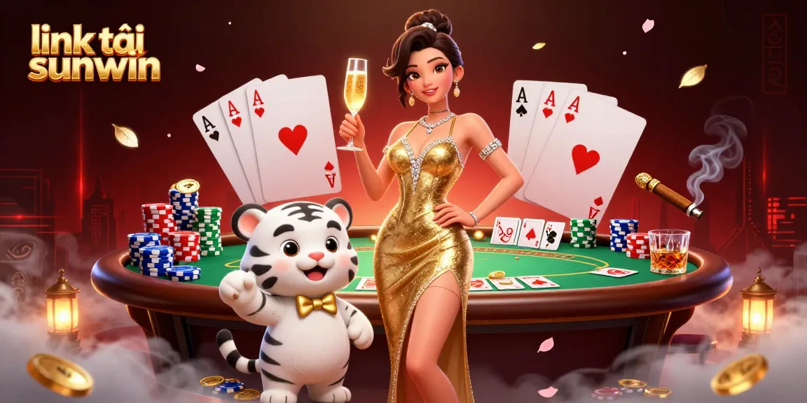 Play and win with link tải sunwin, featuring an elegant woman and a lucky tiger in a vibrant casino setting.