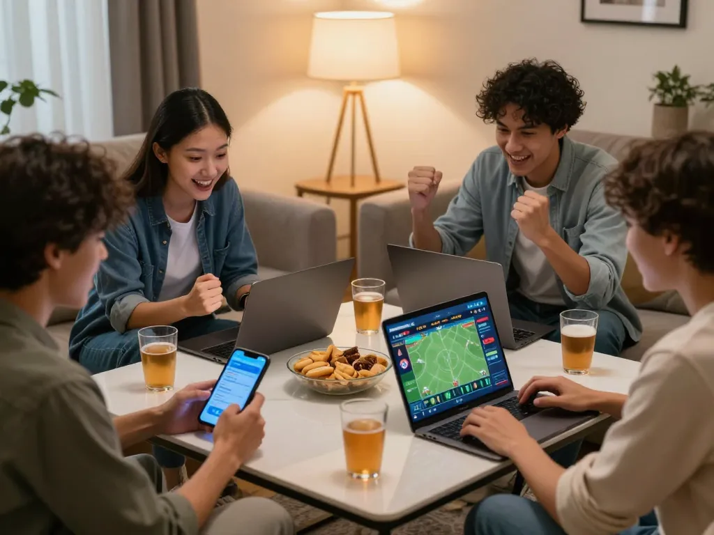 Engaged friends enjoying kèo bóng đá trực tuyến while placing bets on their devices in a cozy setting