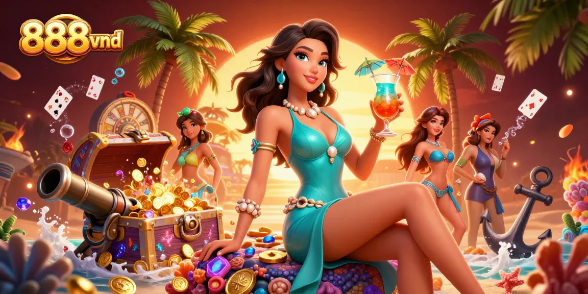 Experience thrilling games at 888vnd with a tropical casino paradise backdrop full of treasures.