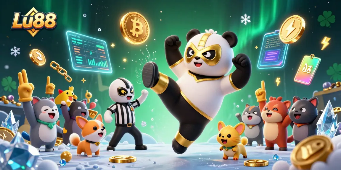 Lu88 showcases an exciting 3D scene with a panda wrestler and crypto coins animatedly celebrating gambling.