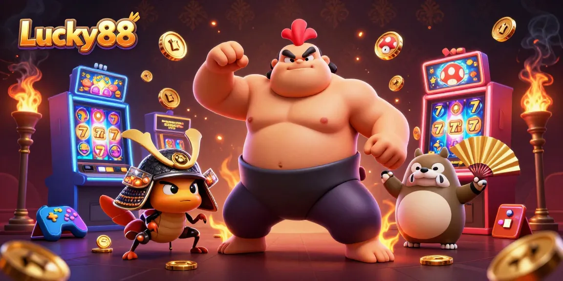 Experience the excitement of Lucky88 in a vibrant casino-themed scene filled with dynamic slot game elements.