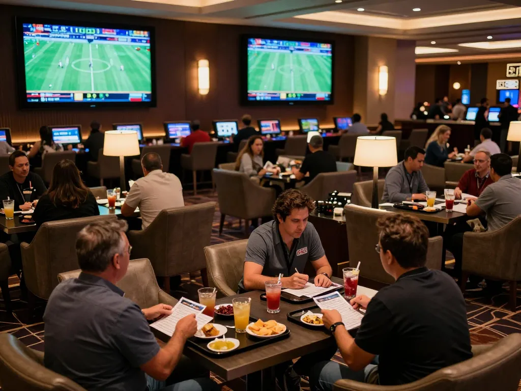 Betting excitement around footballl games in an upscale casino lounge