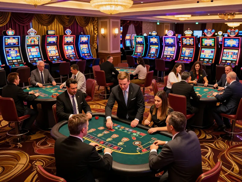 KJC players engaged in dynamic blackjack gameplay at a thriving casino, showcasing an exhilarating gambling atmosphere.
