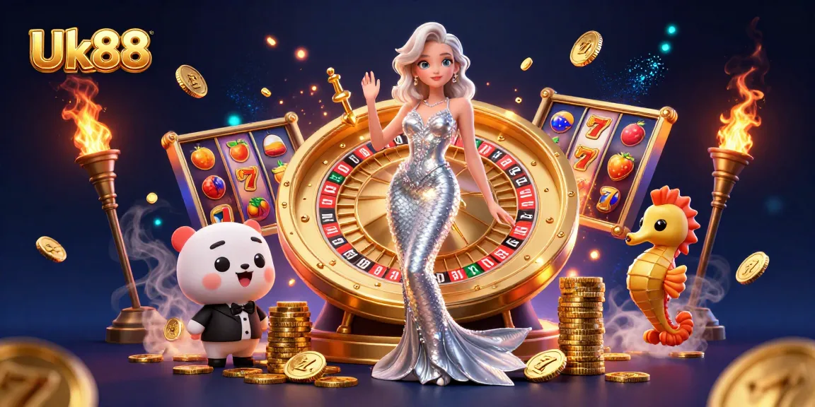 Experience thrill with Uk88's dynamic slots, featuring a glamorous player and vibrant game elements.