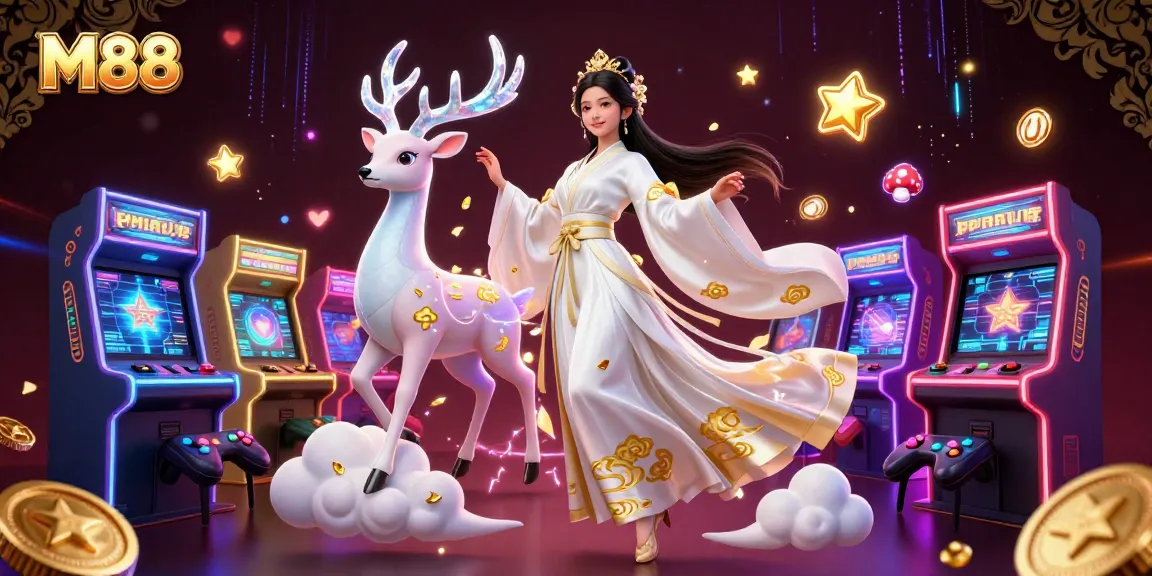 M88 inspires excitement and winnings in a vibrant casino scene packed with colorful gaming elements
