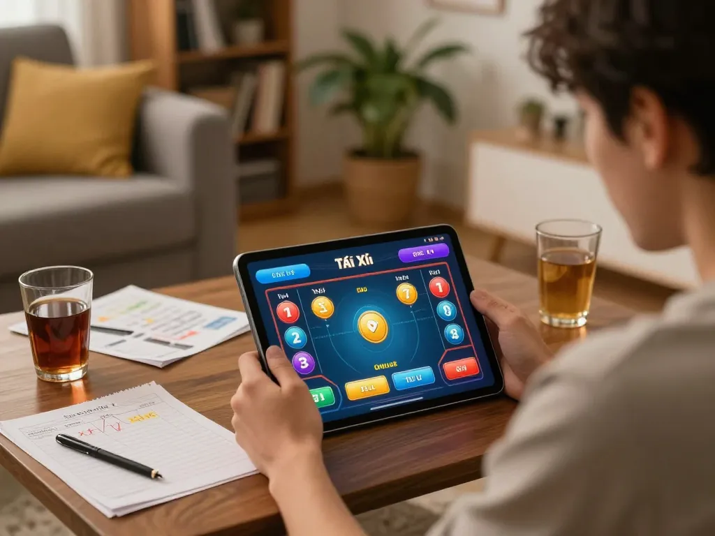 Engaging in app tài xỉu online betting on a tablet in a cozy living room