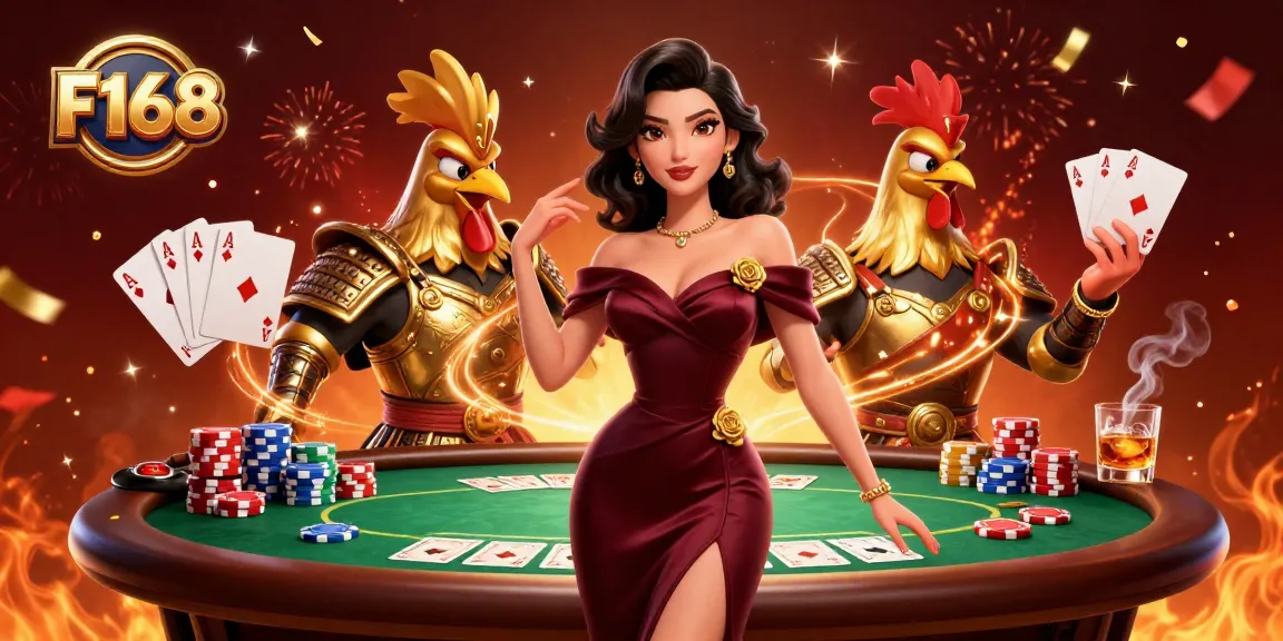 F168 players experience excitement at a poker table surrounded by vibrant gaming elements.