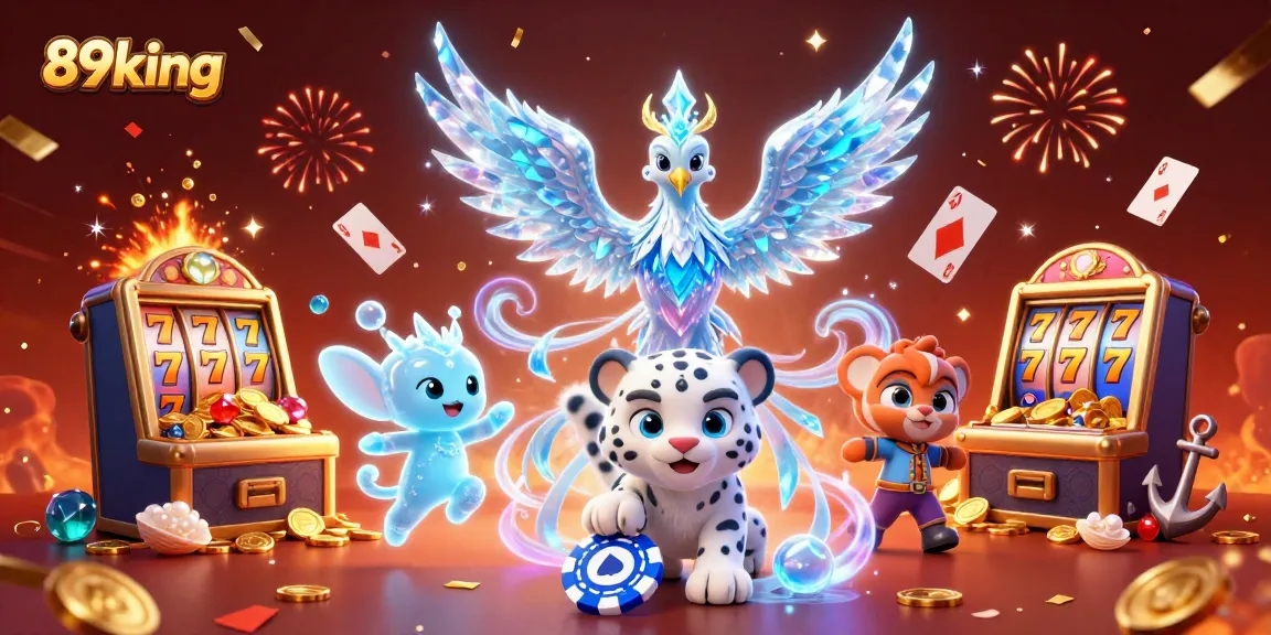 Engage with 89king's vibrant casino scene featuring a playful snow leopard cub and a dazzling ice phoenix amidst action.