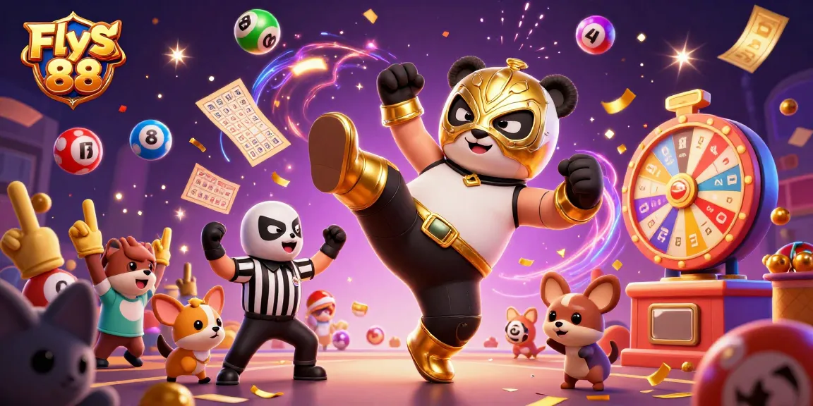 Engaging scene with Fly 88 where a panda wrestler performs a flying kick amid vibrant casino elements.