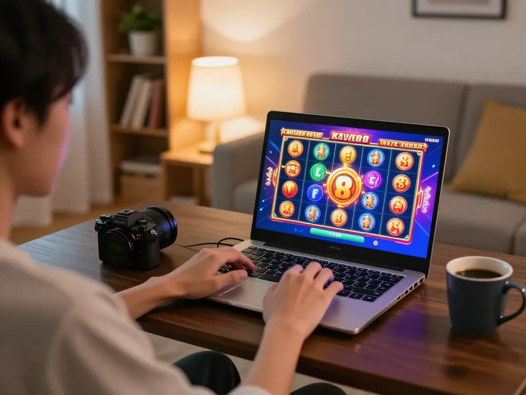 Kaya88 Malaysia online gaming session with a player engaging on a laptop, showcasing vibrant slot promotions.