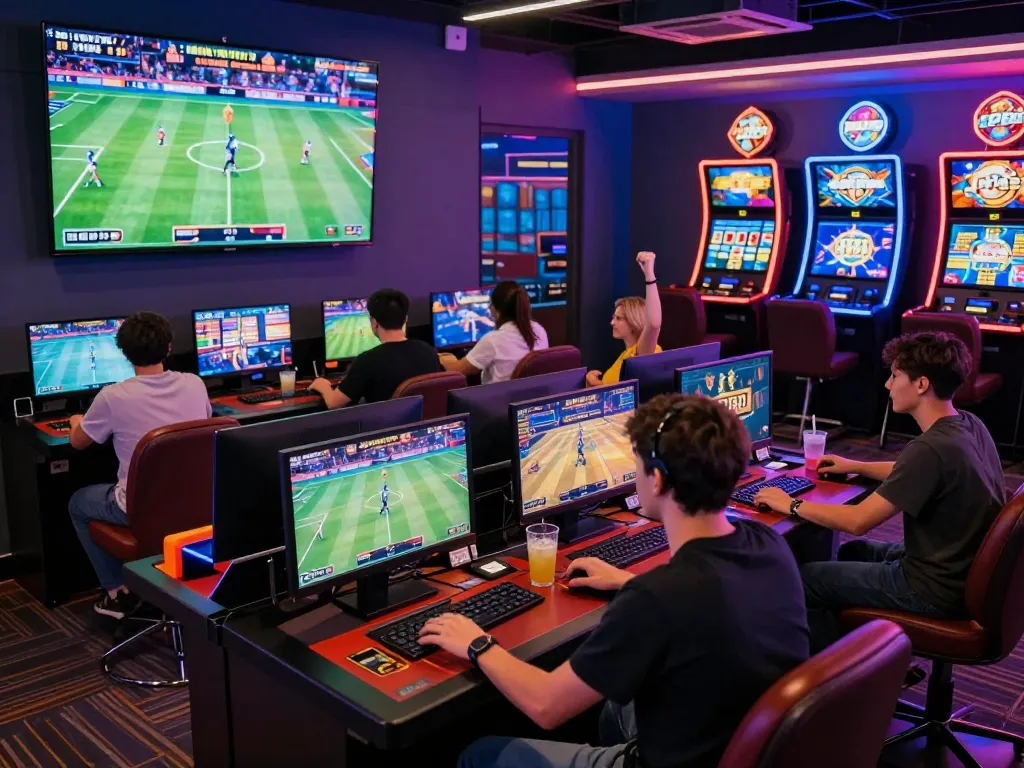 Engaged players at gi8 online casino, enjoying a lively gaming atmosphere with vibrant slot machines and sports betting displays.