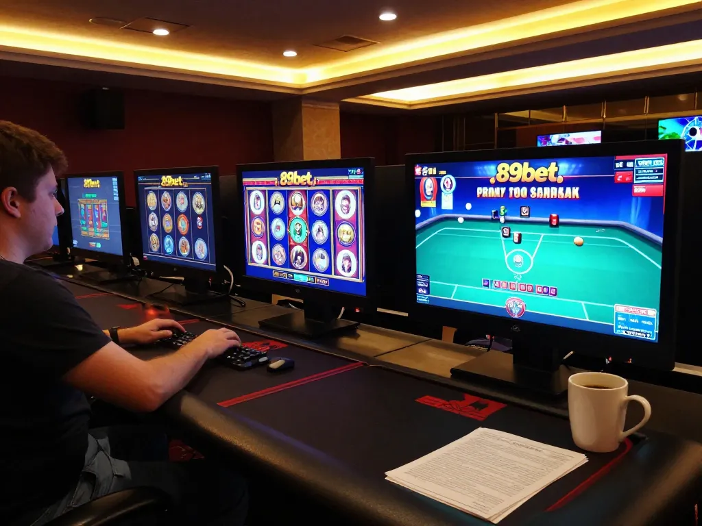 Engaging in strategic online gaming with 89bet displayed on multiple screens in a modern setup