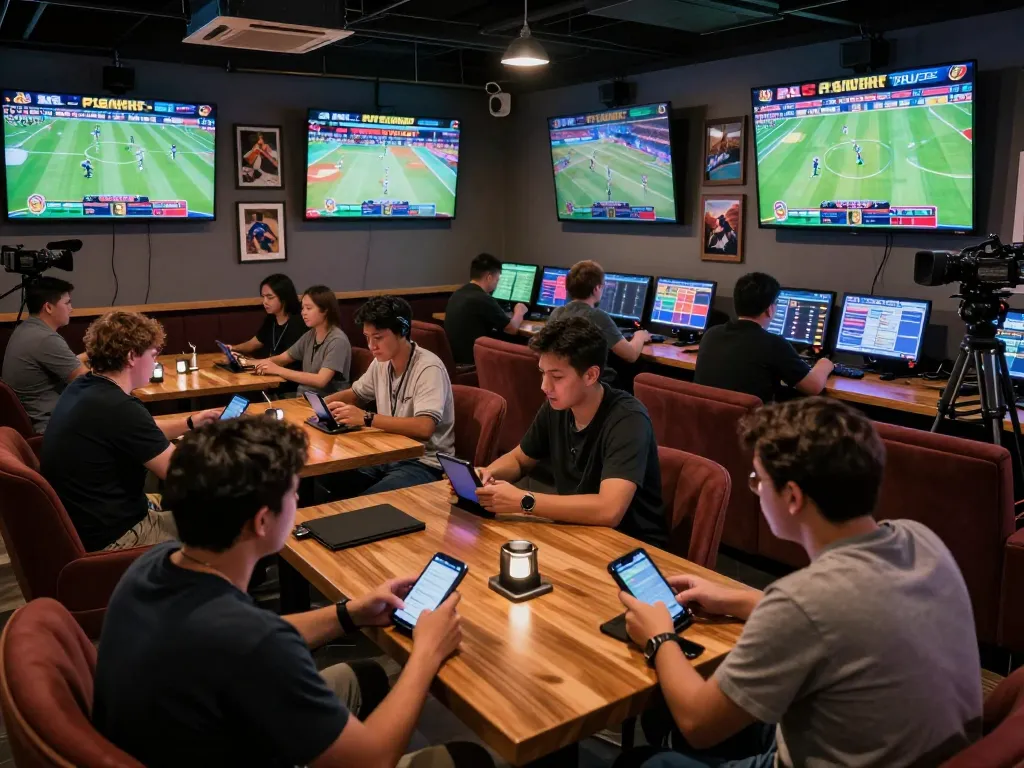 Engaged bettors tracking real-time odds on their devices at stepballl sports betting lounge.