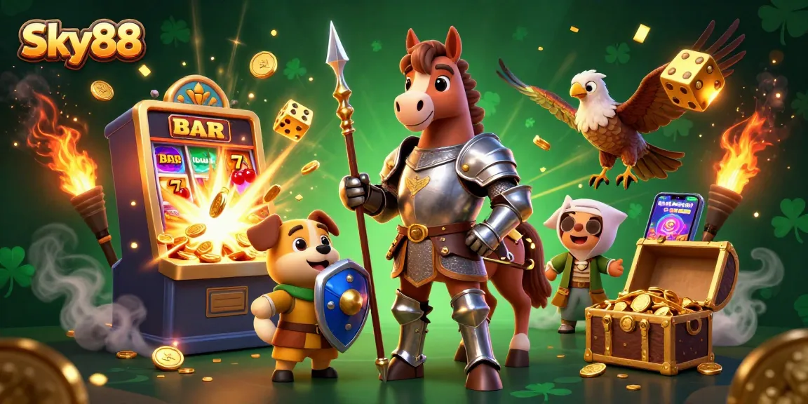 Experience thrilling jackpots at Sky88, featuring medieval characters amidst vibrant casino elements.
