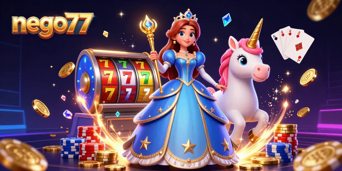 Experience thrilling gameplay on nego77 with vibrant 3D casino illustrations showcasing slot machines and poker chips.