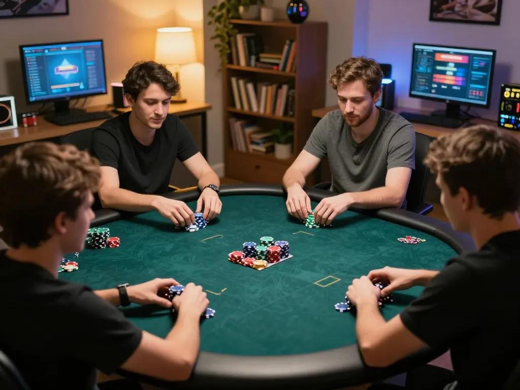 Players strategizing in an online poker game with vibrant chips while using 78WIN platform