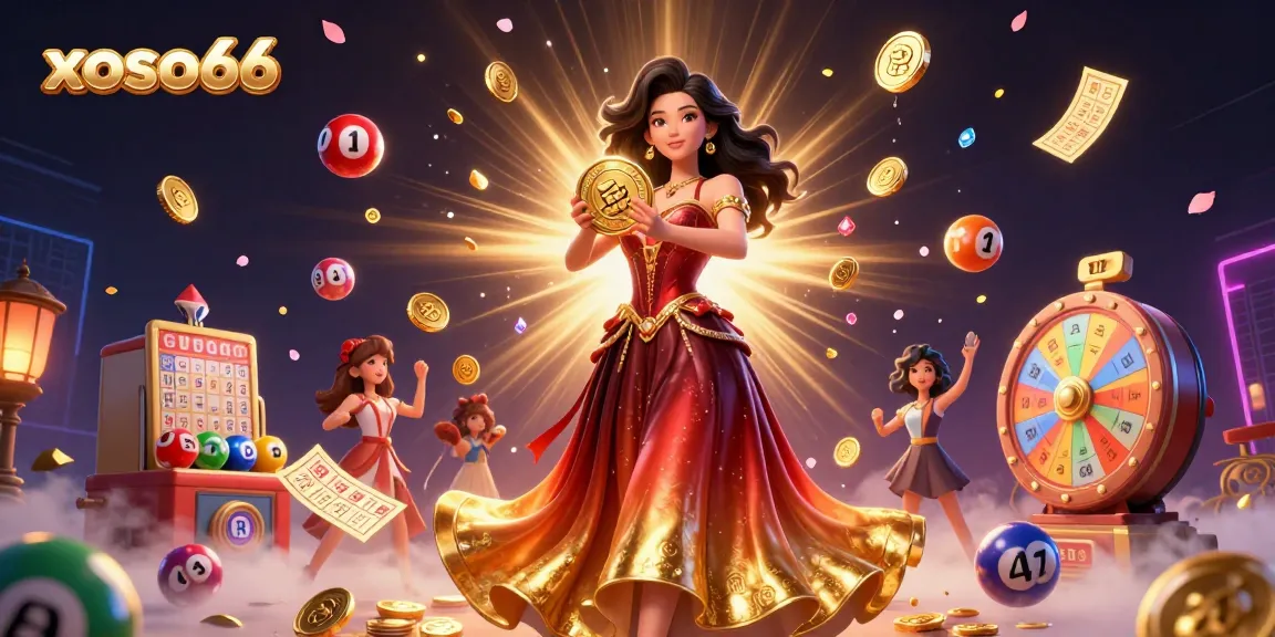Experience the thrill of xoso66 as a stunning woman holds a golden coin amidst a vibrant lottery scene.