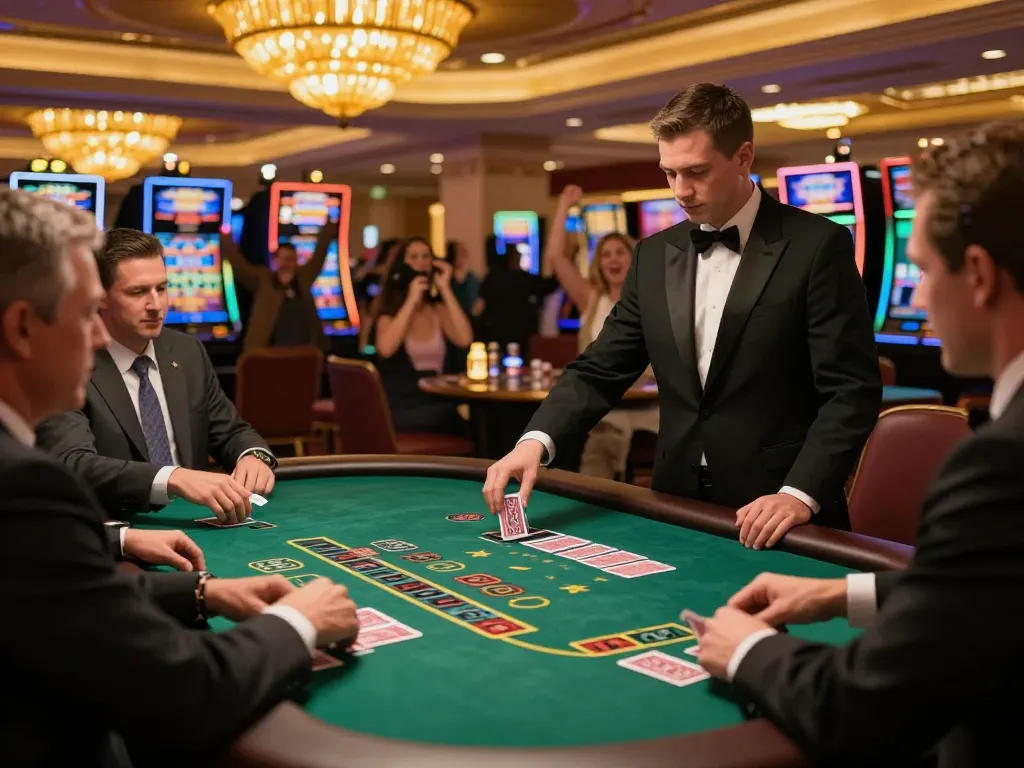 Players engaging at a blackjack table, showcasing resultsfootball strategies in an upscale casino atmosphere.