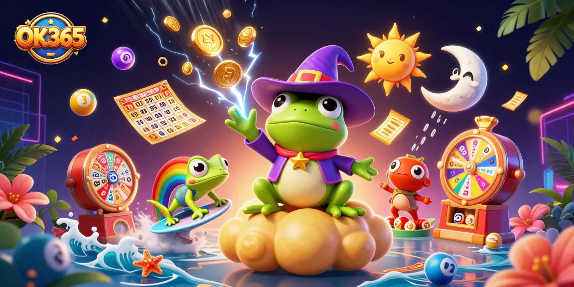 OK365 engages players with a dynamic scene of a wizard frog and colorful elements in a gaming extravaganza.