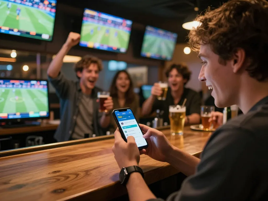 Engaged user placing bets on xx88 app in a lively sports betting environment, showcasing excitement and strategy.