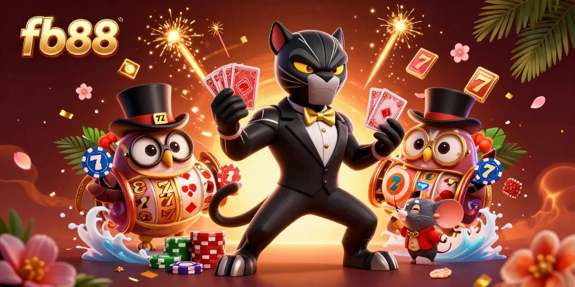 Engage in thrilling gameplay with fb88 featuring a stylish black panther dealing cards, an owl with poker chips, and a lucky mouse.