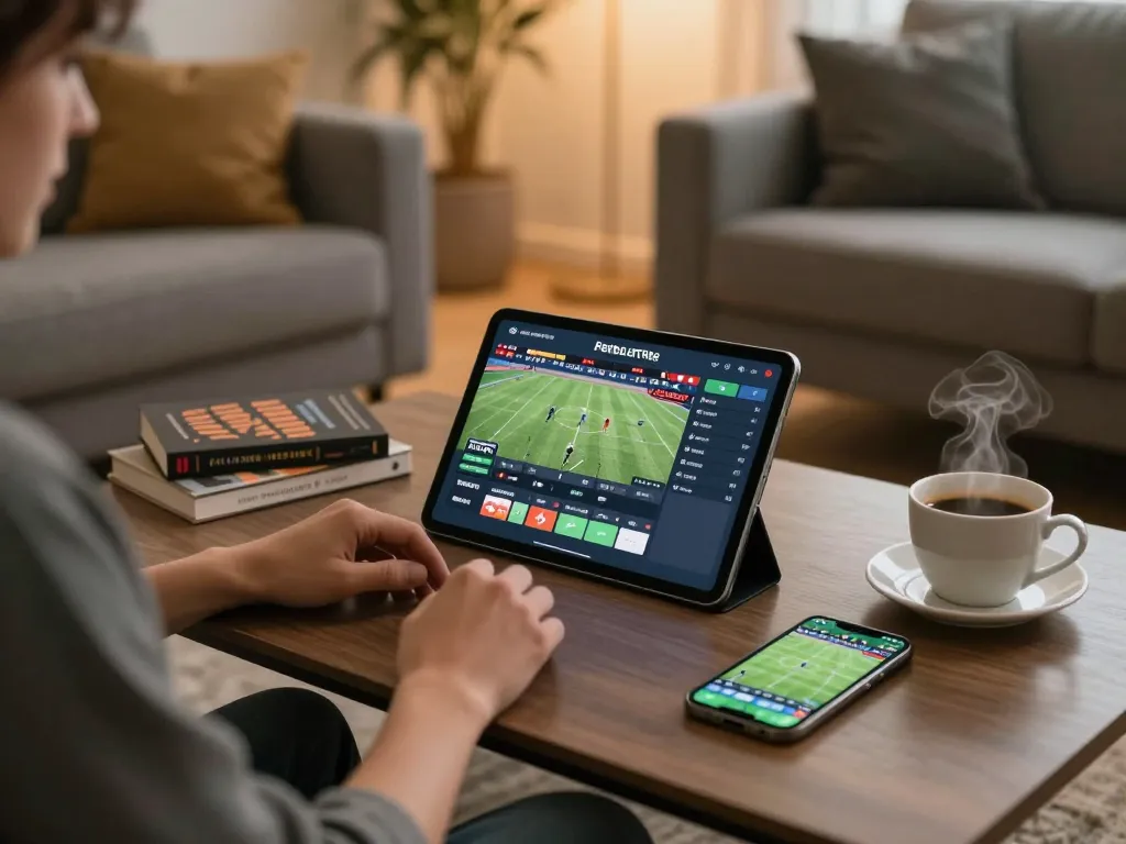 Cakhiatv user enjoying online sports betting on a tablet at home with strategic books.