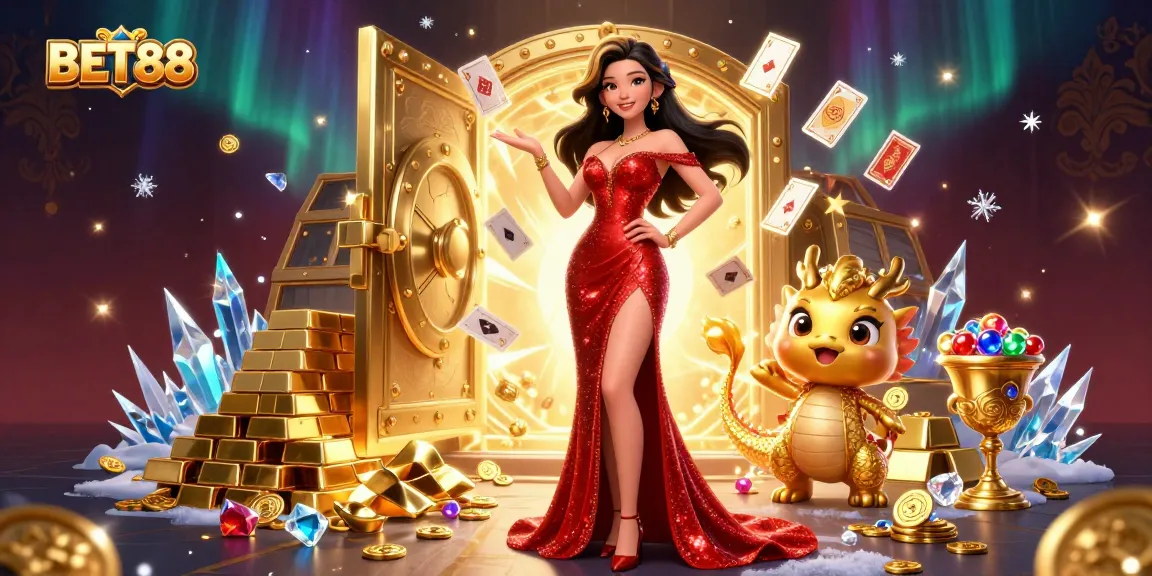 Experience BET88's gaming excitement with a vibrant scene filled with treasures and engaging characters.