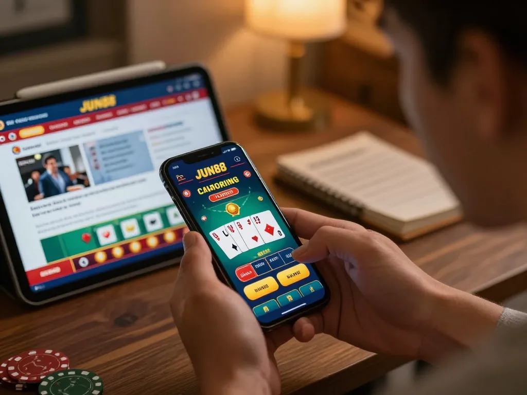 Experience JUN88 gaming excitement with a user engaging in live casino action on a smartphone.