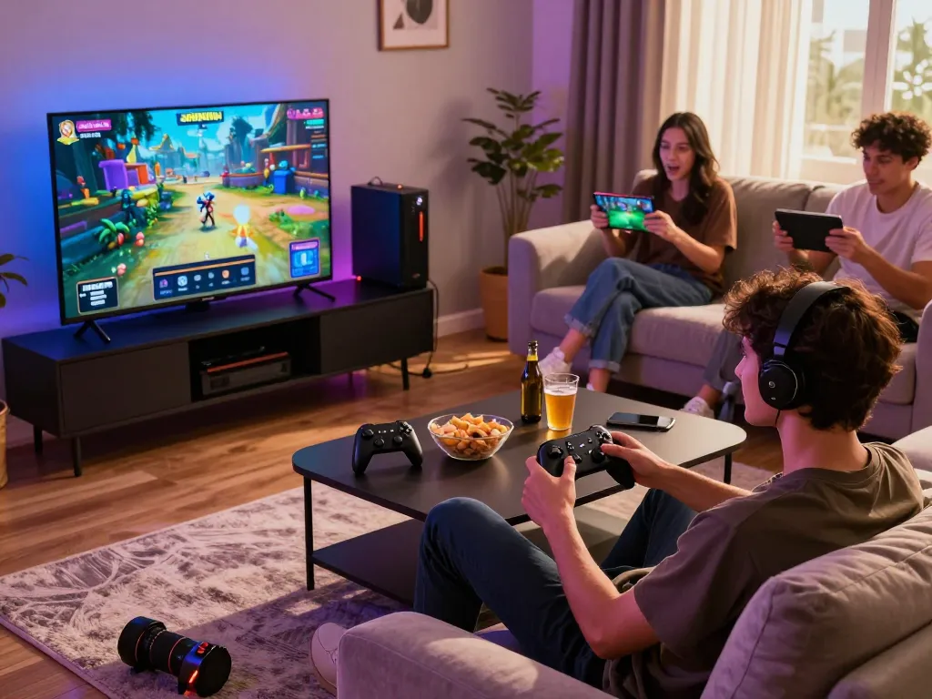Engaged players enjoying Sunwin gaming in a cozy modern living room setting.