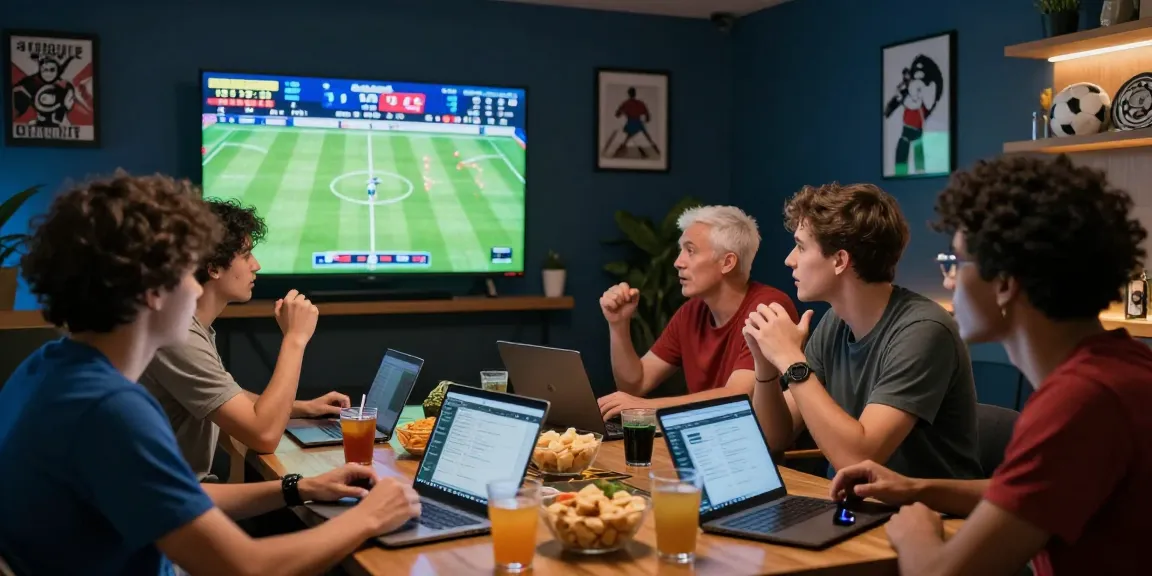 Fans analyzing tỷ lệ kèo nhà cái with laptops and screens during live football matches.