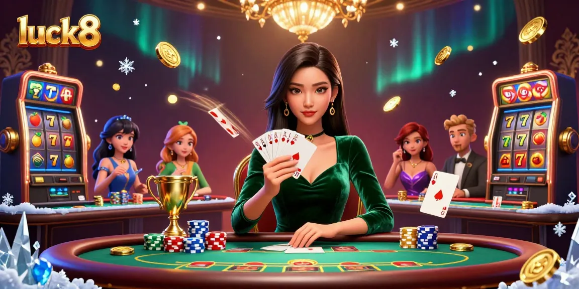 Bet on luck8 with a stylish woman at a poker table, showcasing casino excitement.