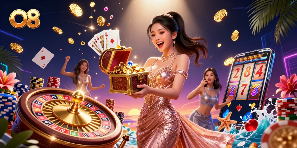 Experience O8's treasure-filled scene with a joyful Asian woman revealing casino riches and excitement.