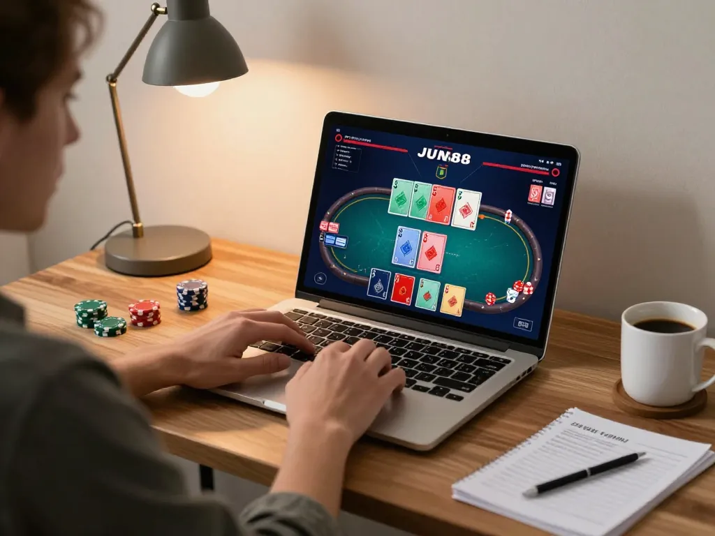 Engaged player enjoying poker on JUN88's online platform, showcasing an inviting gaming atmosphere.