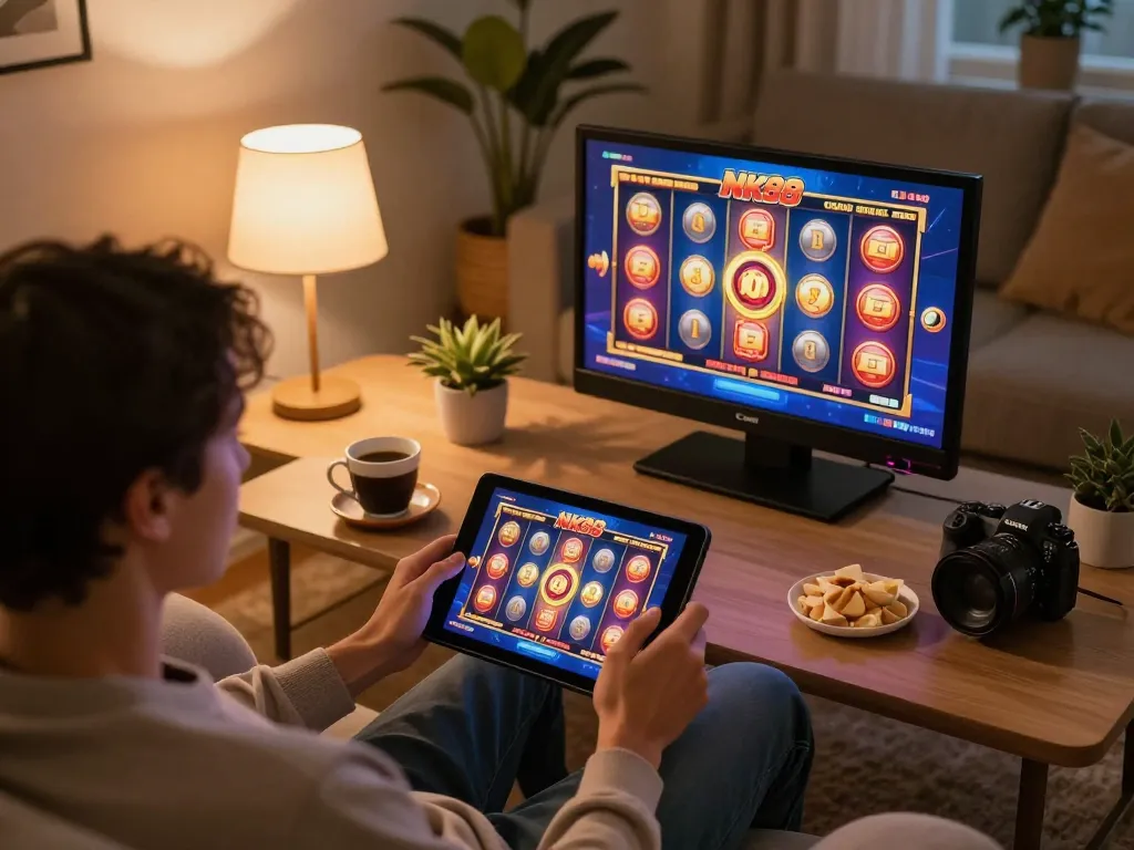 Player enjoying NK88 online slots on tablet, cozy home atmosphere with warm lighting and snacks.