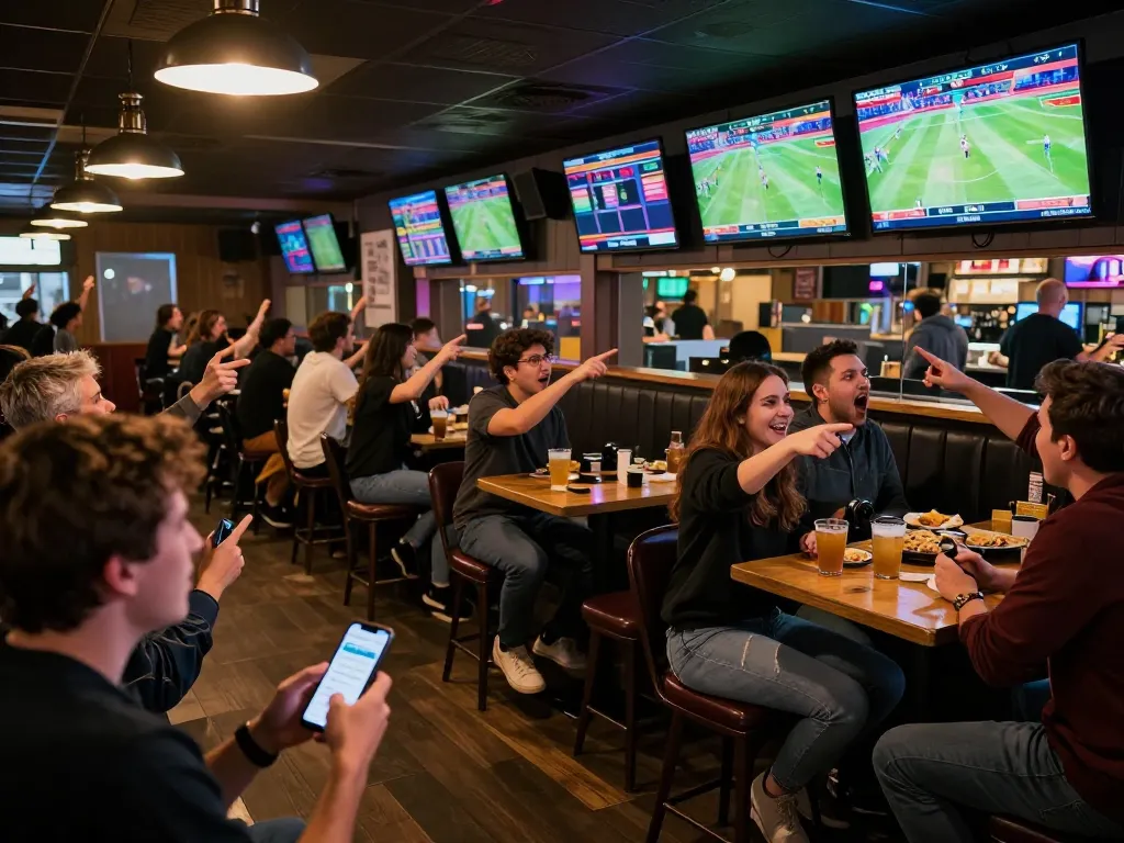 Exciting sports betting atmosphere where patrons cheer while using ca khia app on smartphones.