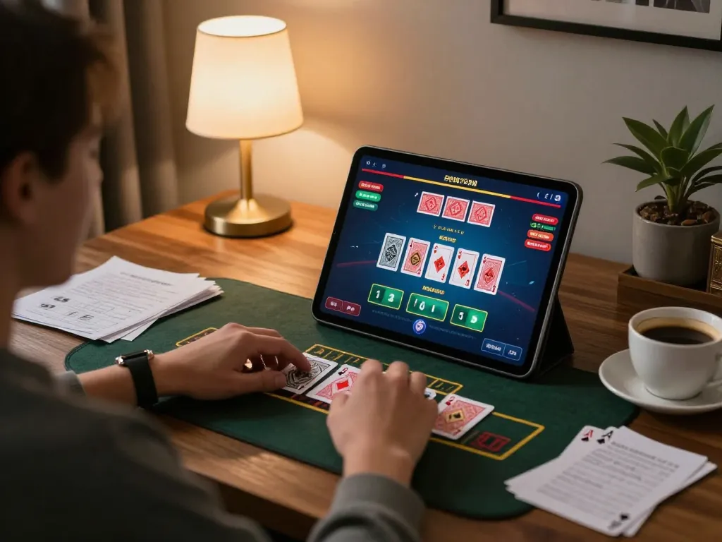 Player engaging in blackjack at home on LV88 tablet, with live dealer cards and cozy ambience.