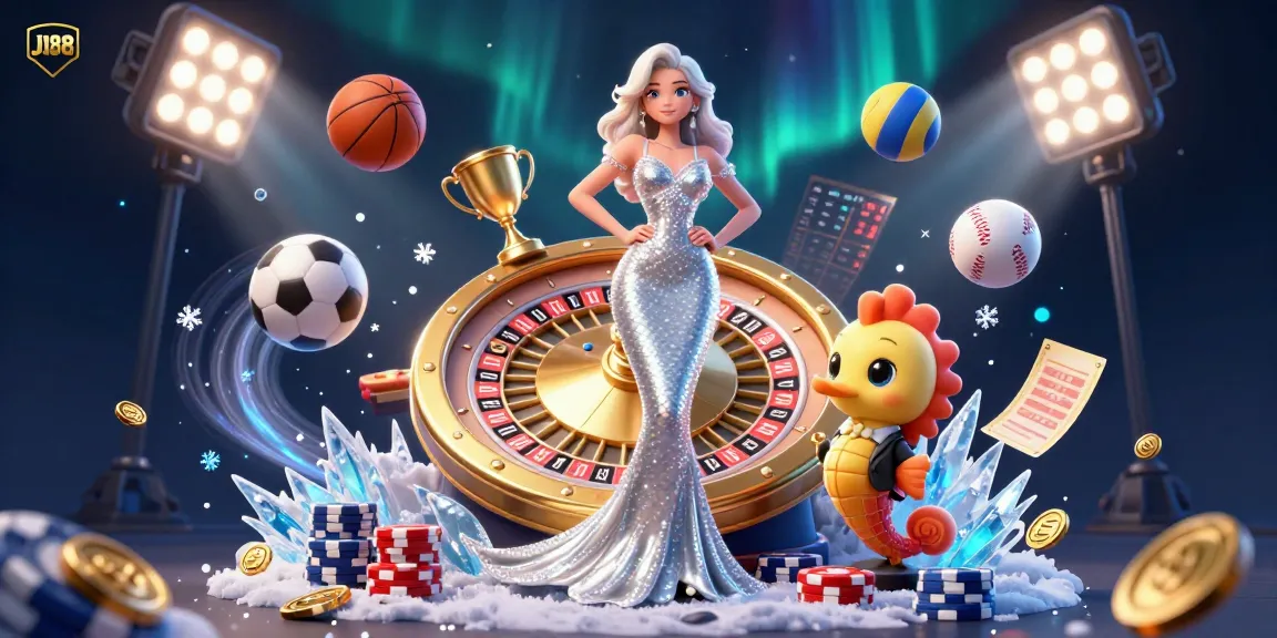 Bet on J188 and win with a stunning illustration of vibrant roulette, chips, and gold coins moving dynamically.