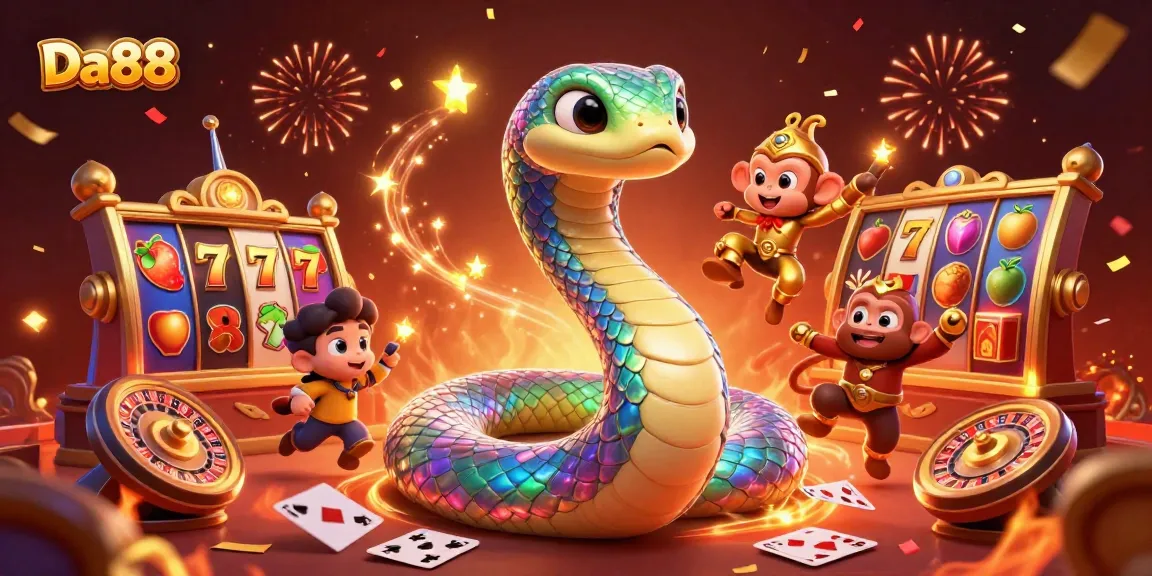 Engage with Da88's vibrant casino scene featuring spinning reels, lively cards, and energetic characters.